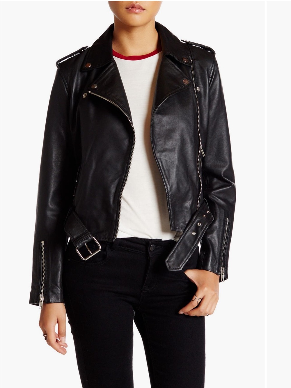 Classic Black Genuine Leather Moto Jacket - Women